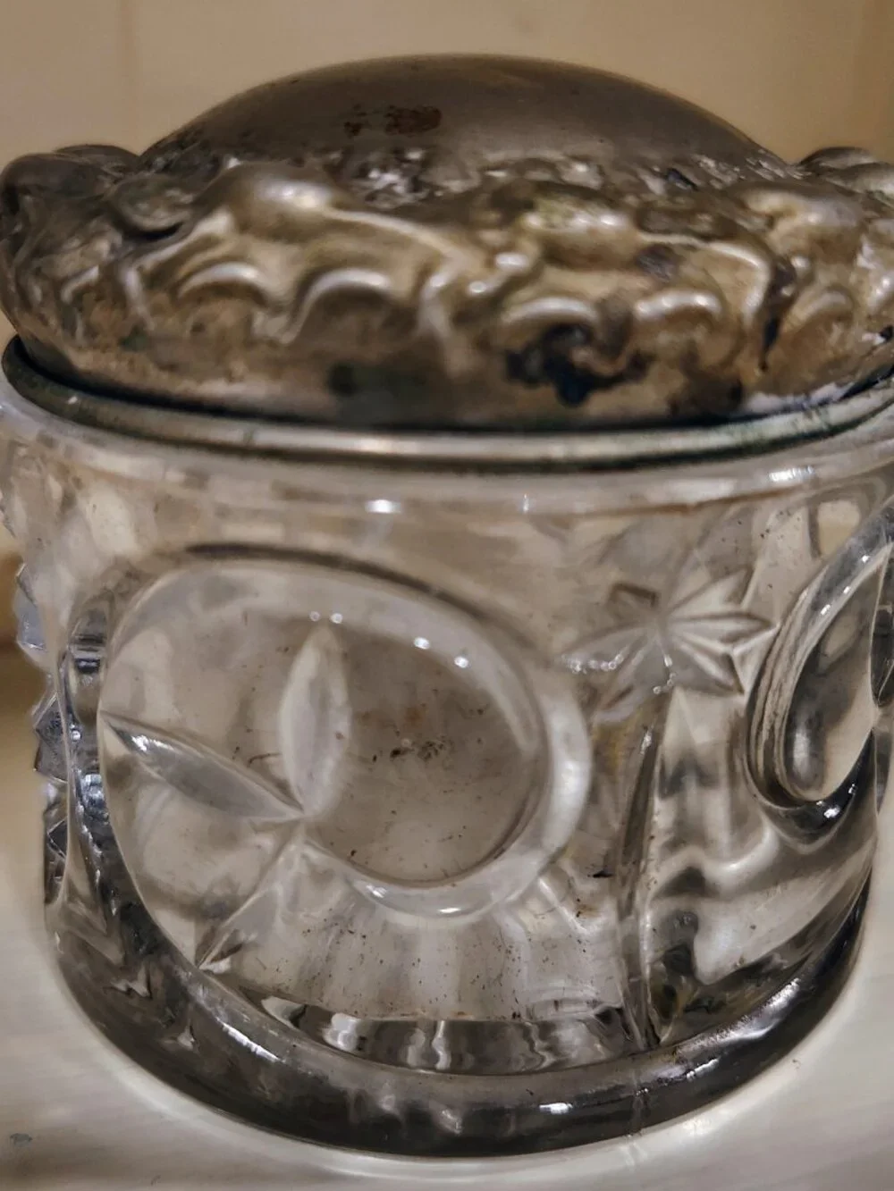 Antique 1880-1890 Ornate Cut Glass Jar With Silver Lid